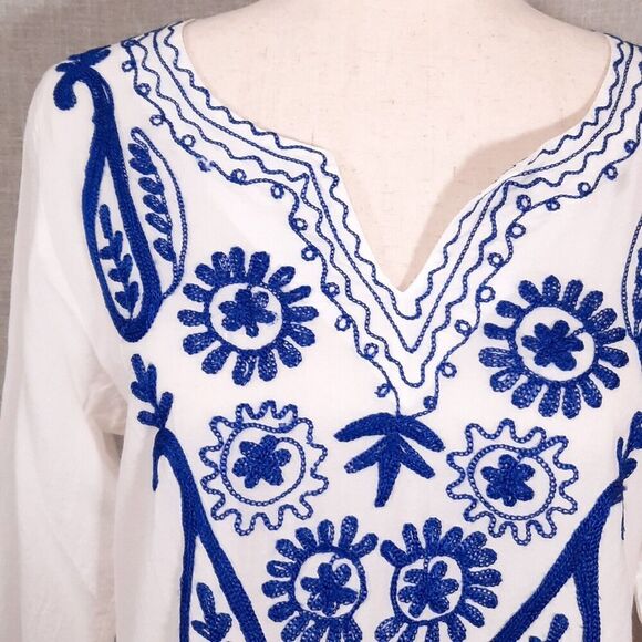 Sita Women's Floral Embroidered Tunic Size Small White 100% Cotton 3/4 Sleeve - Picture 5 of 13